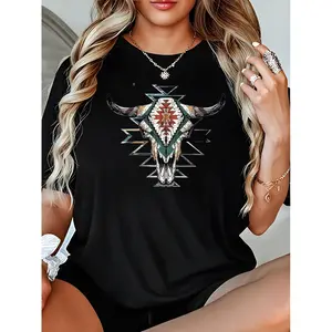 Women's White Crew Neck Short Sleeve T-Shirt with Bull Skull Graphic - Southwestern Style Print, Casual Summer & Spring Top, Lightweight Cotton Blend, Machine Washable, Summer Tank Tops