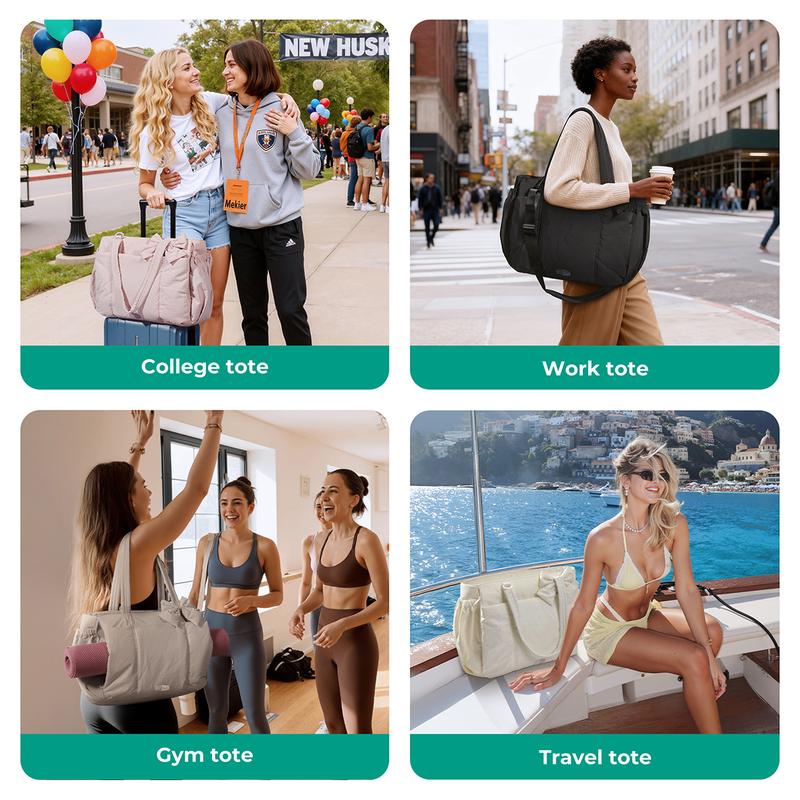 BAGSMART Crush Bow Tote Bag for Women 15.6" Laptop Friendly Lightweight Puffy Handbag with Removable Bow & Multiple Compartments for Travel Work Beach Gym 20L Capacity