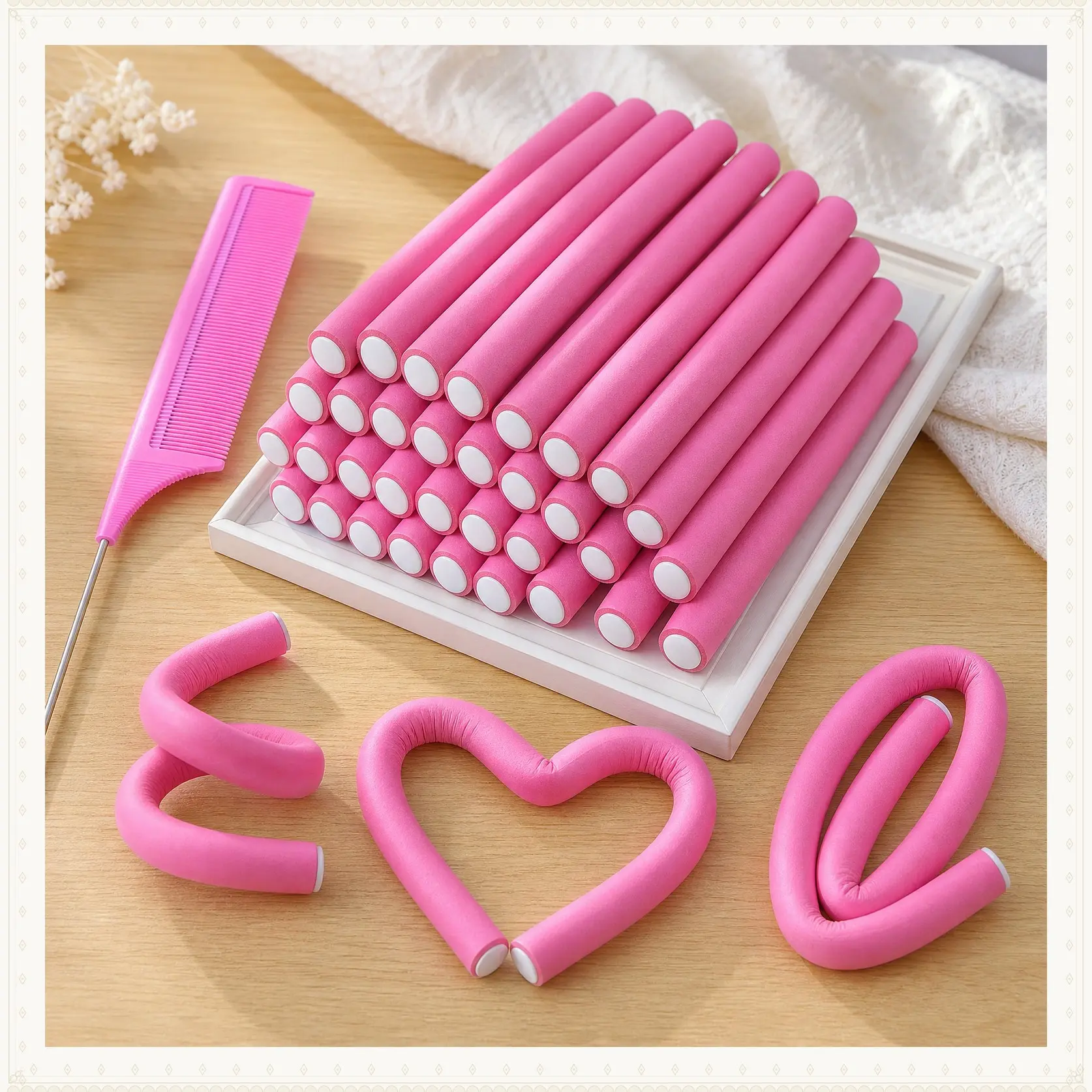 30PCS 9.45" Flexi Rods Curlers Set for Short and Long Hair, No Heat Foam Rollers with Steel Comb.