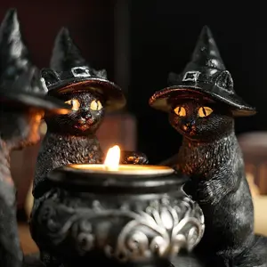 Halloween Candle Holders Cat Candlestick Holders Statue Decoration Black Wichy Figure Weird Jars Desk Decor for Home Decor