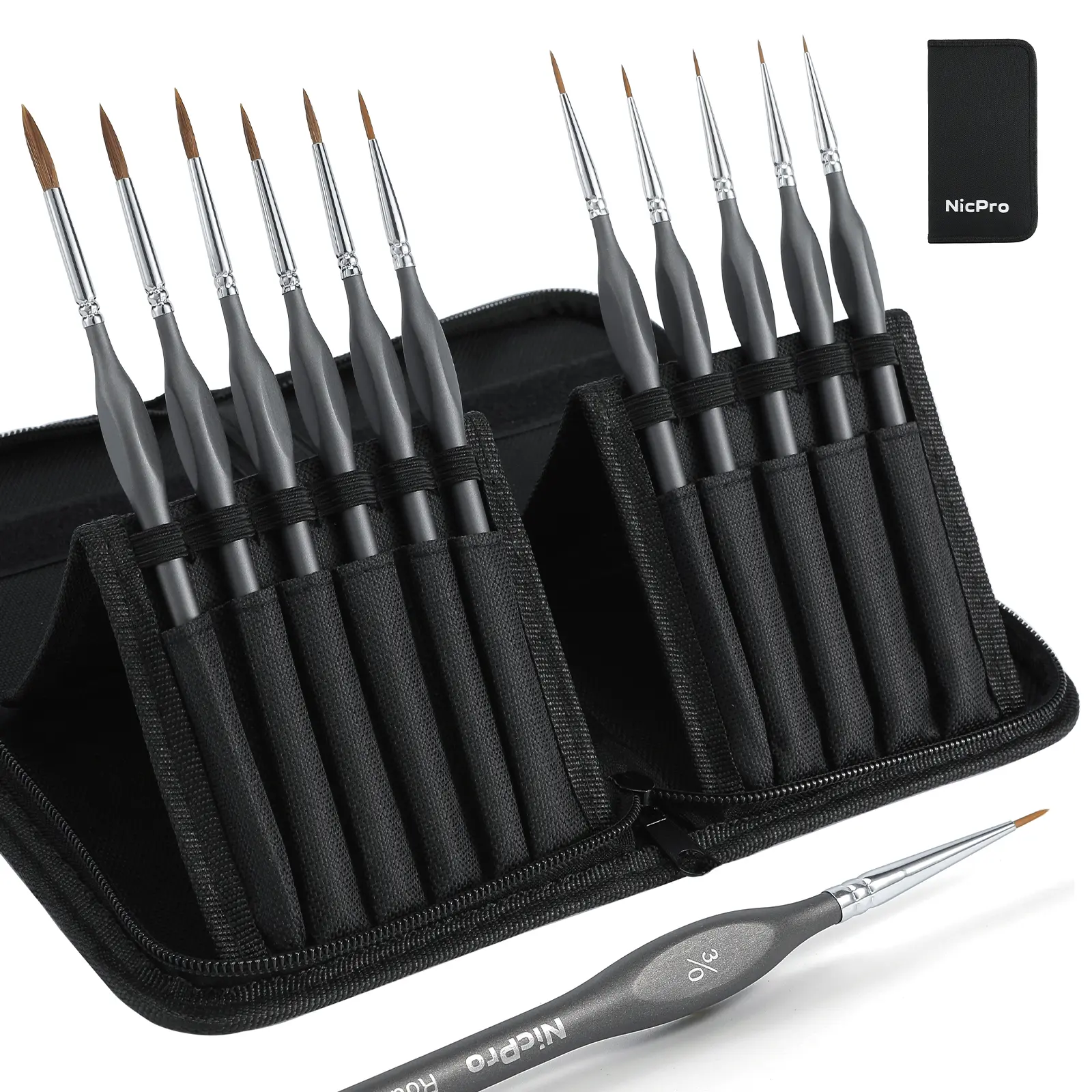 Nicpro 11-Pack Kolinsky Sable Detail Paint Brushes Set with Nylon Holder, Ergonomic Triangular-Grip Fine-Tip Brushes for Model Painting, Watercolor Art Projects (Consistent Flow Control), 11 Sable Detail Paint Brushes