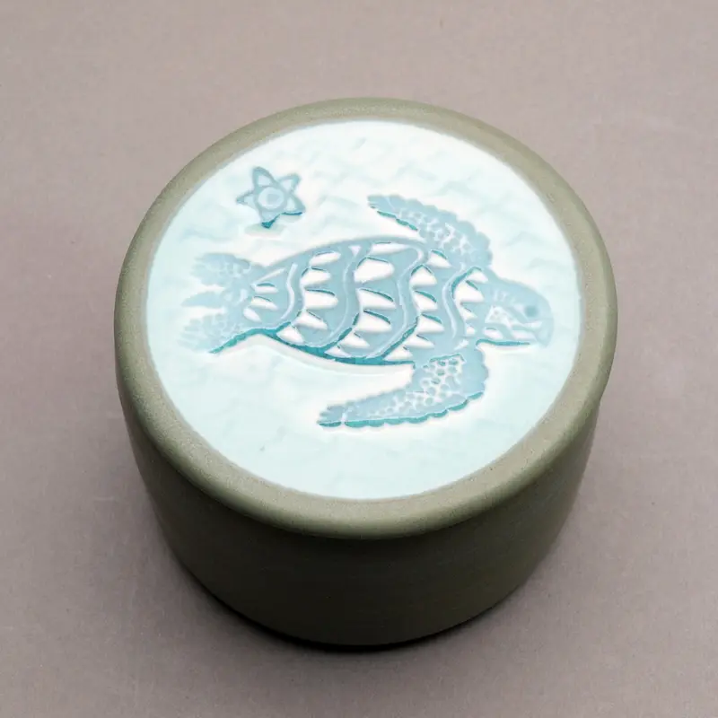 Handmade Ceramic Butter Crock Jar/dish with Sea Turtle Lid. Sage Green color, Turquoise  "Turtle in the Waves" Motif Design Top.