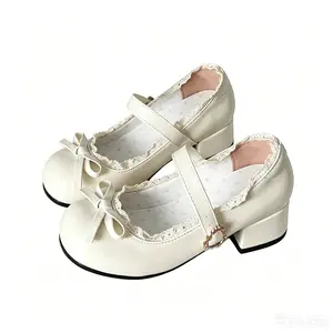 Women's Lace Trim Mary Jane Heels, Cute Bow Low Block Heel Lolita Shoes, Adjustable Buckle Sweet Casual Footwear