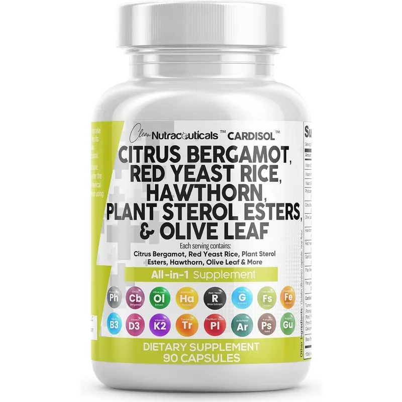Clean Nutraceuticals Citrus Bergamot, Red Yeast Rice, Hawthorn, Plant Sterol Esters, Olive Leaf & More for Rich Heart Health Supplement Capsules – Cardisol