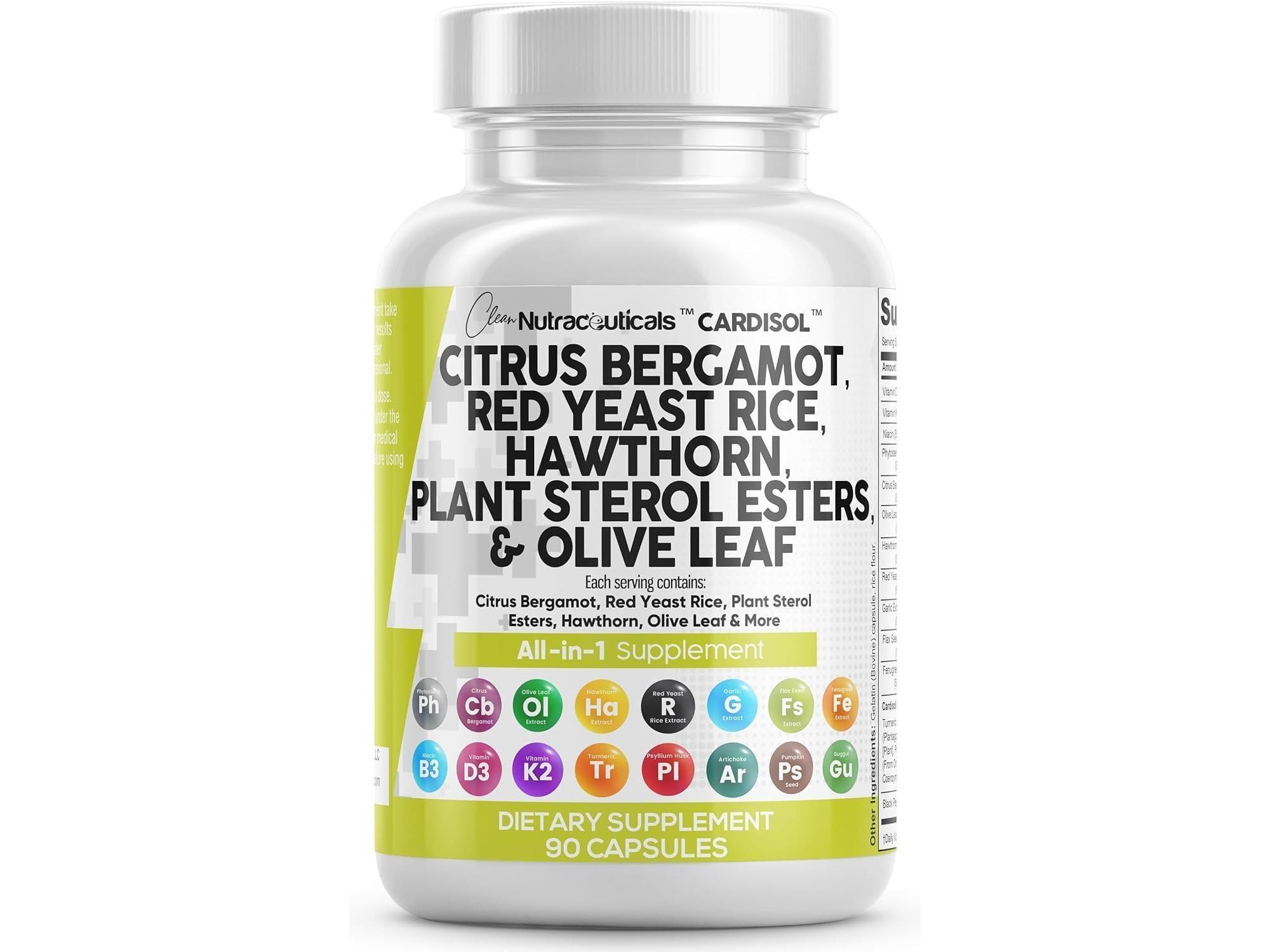 Clean Nutraceuticals Citrus Bergamot, Red Yeast Rice, Hawthorn, Plant Sterol Esters, Olive Leaf & More for Rich Heart Health Supplement Capsules – Cardisol