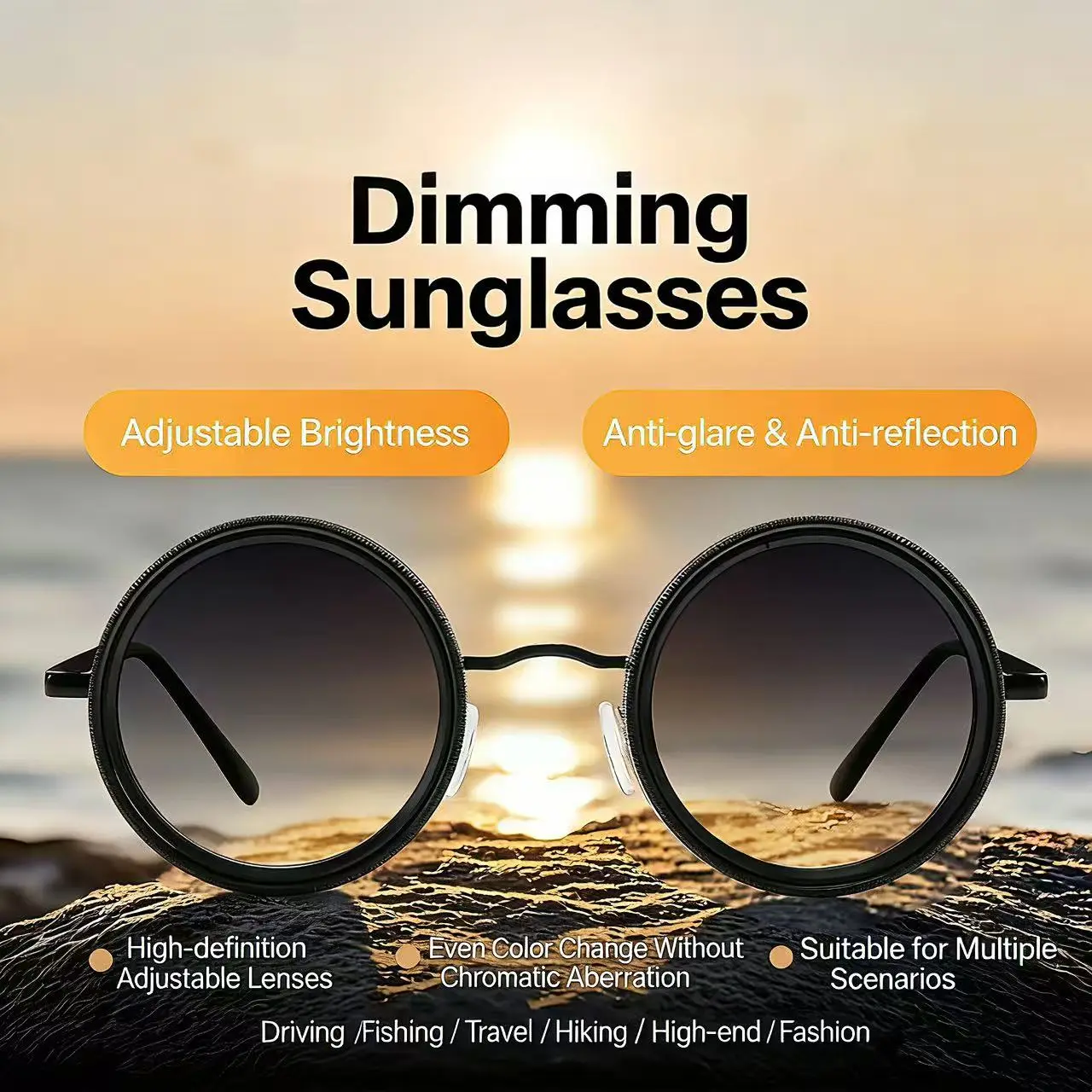Polarized Round Sunglasses, Non-Slip, No-Bounce, UV400 Protection Black Round Polarized Sunglasses - Black Lens UV400 for Men  main image 4