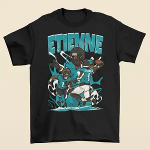 Travis Etienne Cartoon Style Jacksonville Football T-Shirt - Men’s Adult Sizes, 100% cotton tee, unisex style