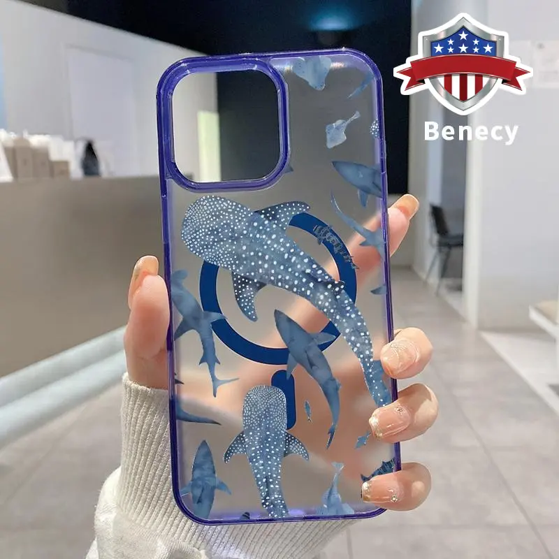 Magnetic Magsafe Snap-On Smartphone Case for iPhone 15 16 14 Pro Max 13 12 11 XR XS Plus, E Whale Shark Wonders Pattern, Shockproof Soft Silicone Transparent Acrylic Cover, Wireless Charging Support, Fingerprint Resist Mobile Phone Accessories