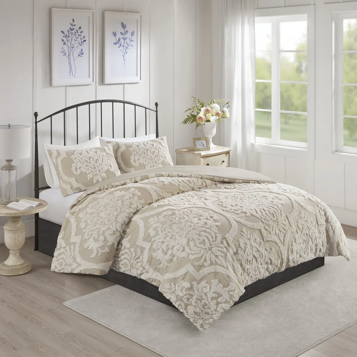 Tufted Cotton Chenille Damask Comforter Set, 3-Piece, Taupe, King/Cal King, Soft Lightweight Jacquard Bedding with Pillow Shams, Elegant All-Season Bedspread for Master or Guest Bedroom