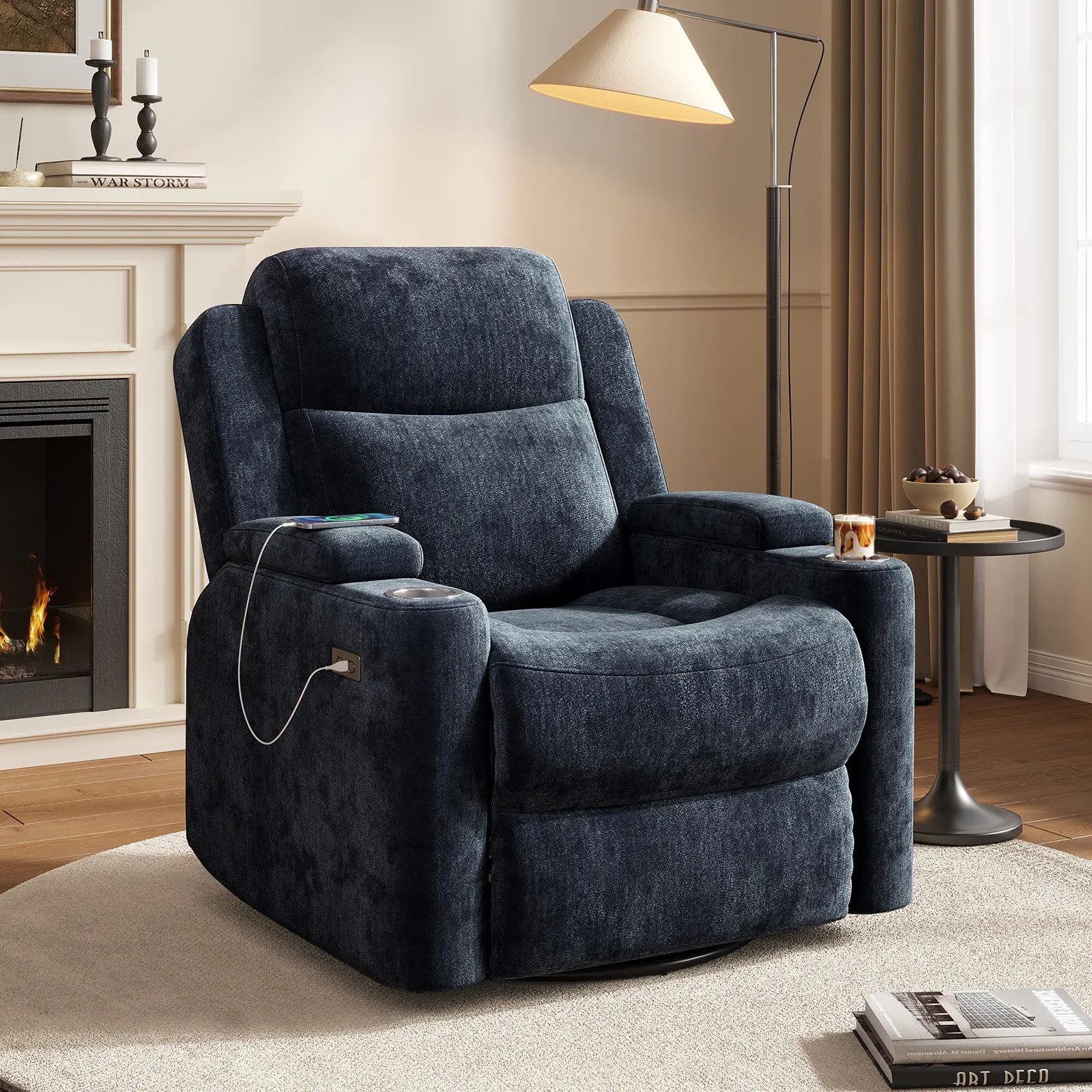 COPIAE 38" Adjustable Modern Reclining Indoor Furniture Chair | Beige Textured Fabric Electric Power Recliner with Side Pocket for Living Room, Bedroom, Modern Reclining Chair