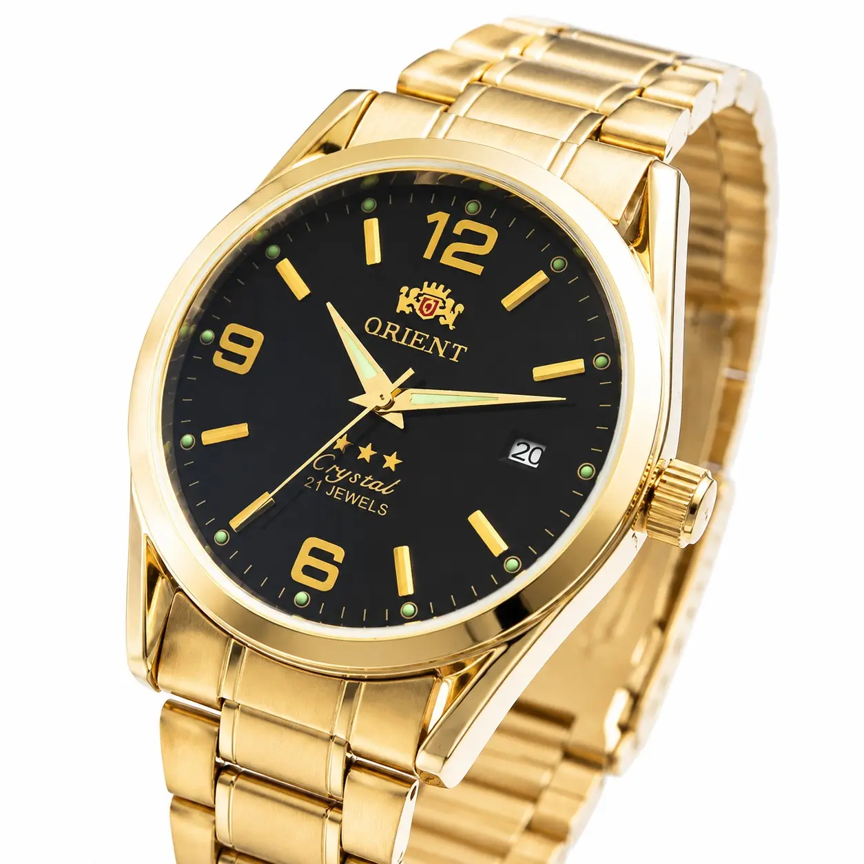 Men's Orient Gold Plated 21 Jewels Mechanical Watch Luminous Hands Date Window Stainless Steel Bracelet Waterproof Luxury Business Dress Wristwatch Large Number Dial Classic Male Watch Gift For Birthday Anniversary