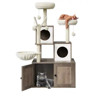 Cat Tree with Litter Box Enclosure, 2-In-1 Modern Cat Tower, Cat Condo with Scratching Posts, Removable Pompom Sticks