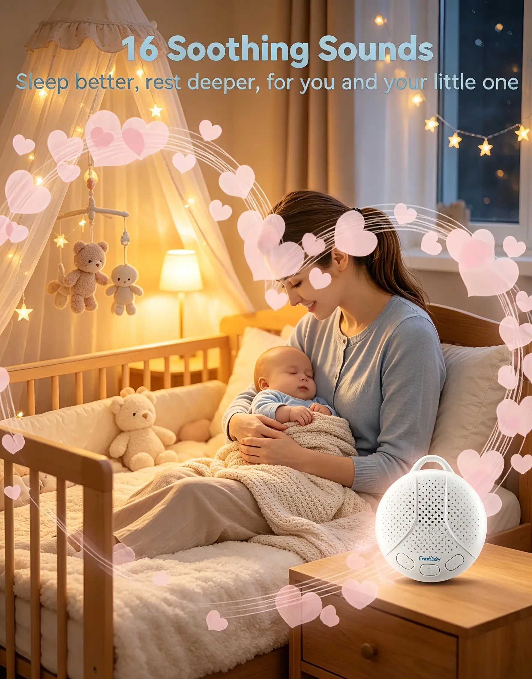 Portable Baby White Noise Sleep Speaker with 16 Calming Sounds, Compact Design, Built-in LED Light, Adjustable Strap, Rechargeable Timer, Travel Crib Ready, Blocks Distractions, Nursery Kid Room Accessory, Baby Shower Registry Gift, Nightlight, 16 Soothin