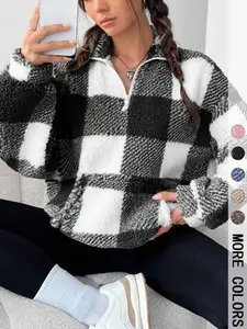 Women's plaid printed half zipper shoulder down fashion hoodie zipper sweater, casual long sleeved stand up collar pullover, suitable for spring and autumn, women's daily wear