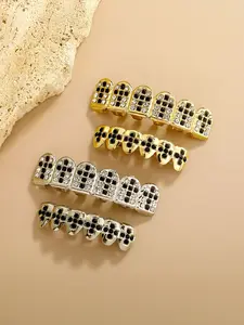 Black cross hip-hop Zircon braces set, street casual style, stable coating, mouthpiece grade braces, enhancing temperament, Rapper, Teeth braces