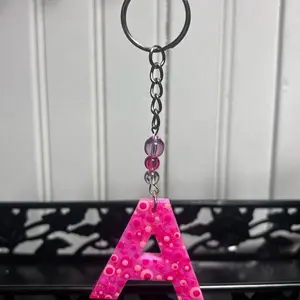 Resin Keychain Letter A with Dot Art & Beads Pink Color Key Ring Accessory for Bag and Purse