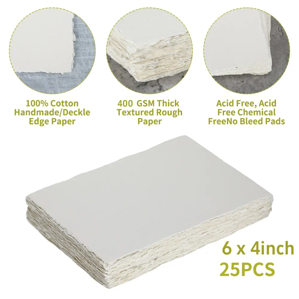 25 Pcs Thick Cotton Sketch Paper Pack - 100% Cotton, 400 GSM, 6x4 Inch, Acid-Free, Textured, Rough Edge, Durable, with Photo Overlay for Sketching Projects