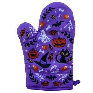 Halloween Oven Mitt Cute Festive Jack-O-Lantern Spooky Candy Corn Kitchen Glove Funny Graphic Kitchenware Bakeware Halloween  Novelty Cookware Purple