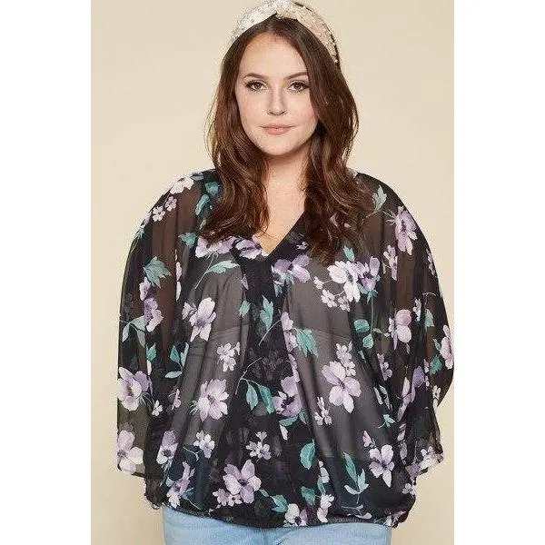 Plus Size Floral Chiffon Sheer Surplice Top