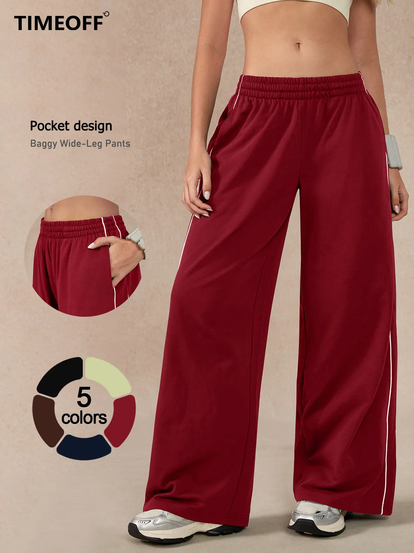【TIMEOFF】Women Baggy Wide‑Leg Pants, Elastic High Waist With Side Pockets, Loose Fit Non‑restrictive Sweatpants, Soft Breathable Trousers for Workout Gym Jogging Daily Casual Wear