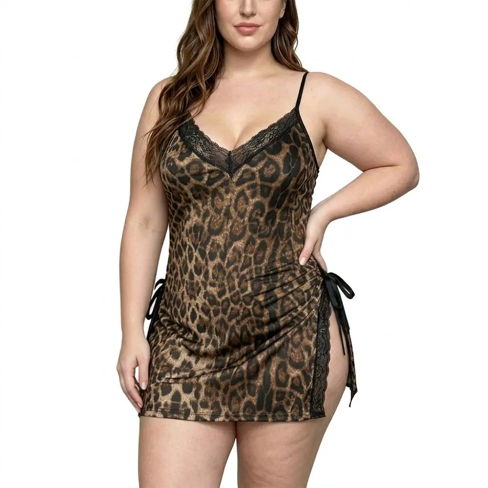AVTKV Women's Plus Size Leopard All Over Print Sleeveless Nightgown - Fits Comfortable Breathable Polyamide Frost Silk Cami, Adjustable Spaghetti Straps, High Slit, Lightweight for Sleepwear, Valentine's Day