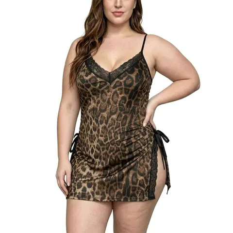 AVTKV Women's Plus Size Leopard Print Spaghetti Strap Night Gown - Polyamide Frost Silk Cami, Adjustable Straps, High-Slit Allure, Lightweight Breathable Loungewear, 1XL, Plus Size Women's Clothing for Honeymoon Weddings, Valentine's Day Essential