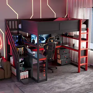 Full Size Wooden Gaming Loft Bed with Storage Stairs, Desk, Shelves & Pegboard, Black+Red