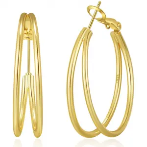 Large Thin Double Hoop Earrings for Women 30/40/50/60mm Gold Hypoallergenic Post Hoops Non Tarnish Sturdy Layered Earrings with Secure Clip-Top Design   Valentine's Day gift