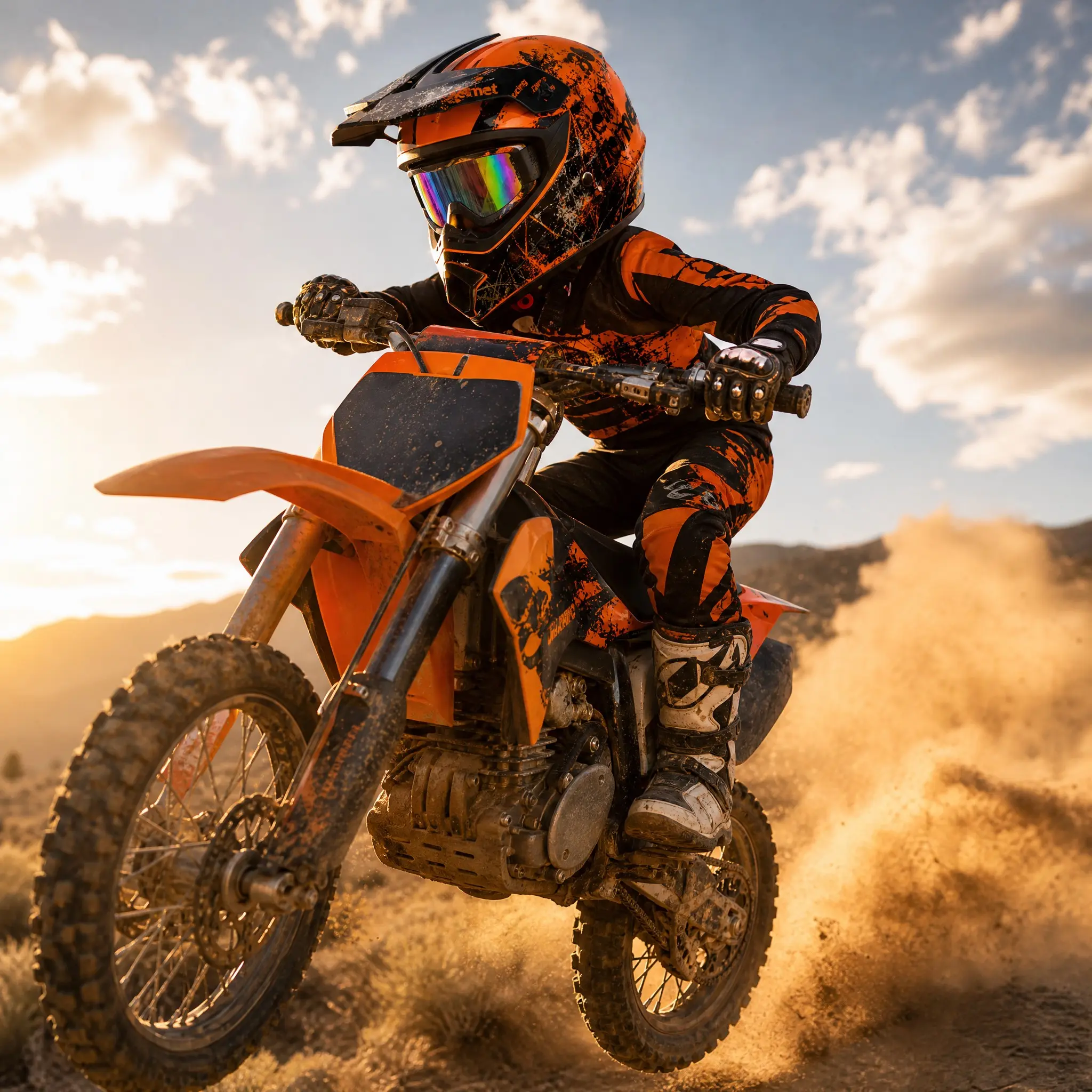 Youth ATV Dirt Bike Full Face Helmet Full Kit - DOT Compliant Off Road Protective Motorcycle Helmet 4-Piece Set with Goggles, Gloves, Face Mask, Graphic ABS Shell, High-Density EPS Liner, Adjustable Visor, Ventilated Removable Padding for Trail Riding, Of