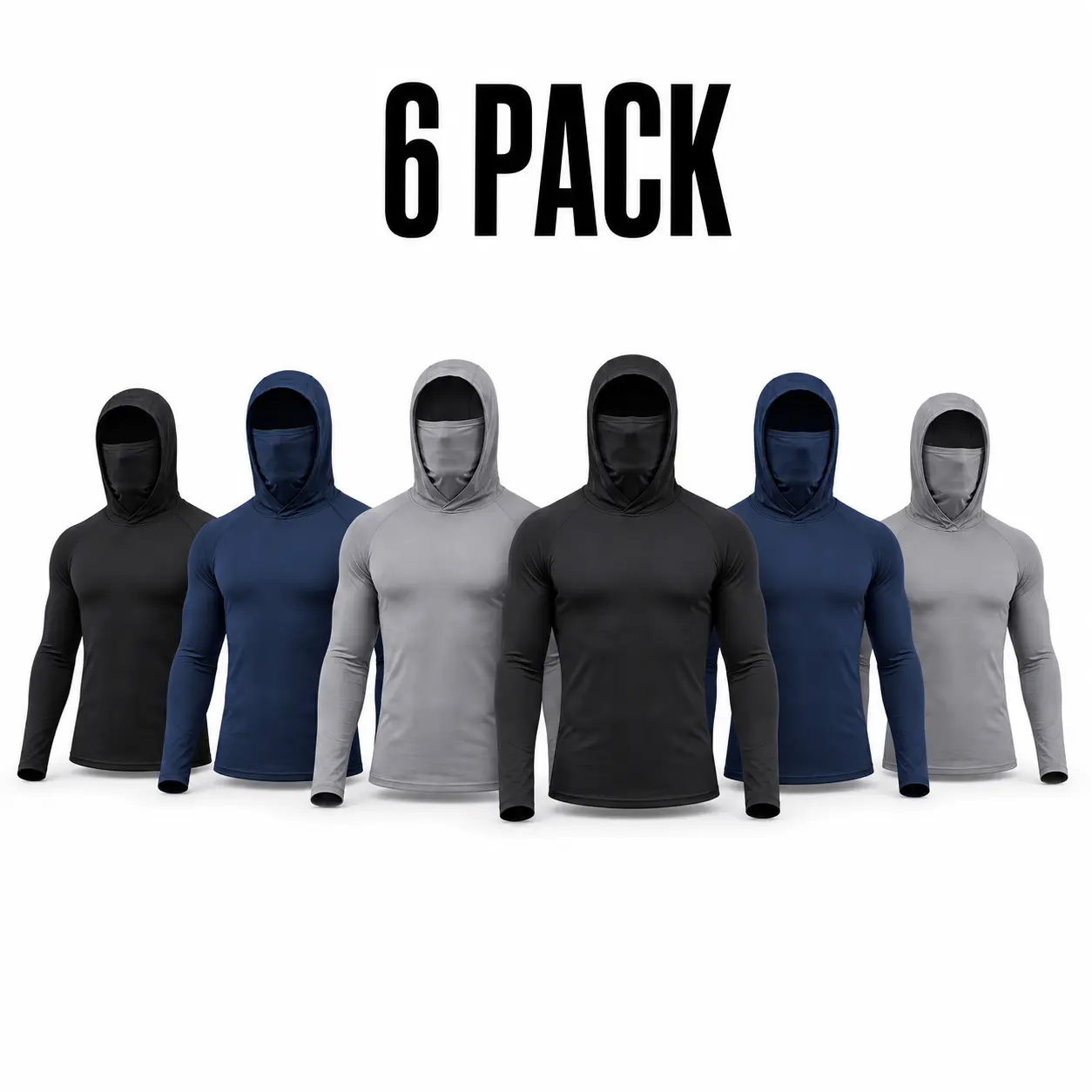 Men’s 6-Pack Hooded Work Shirts with Built-in Face Cover, Breathable Lightweight Long-Sleeve Quick-Dry Performance Tops for Outdoor Work, Construction, Breatheable