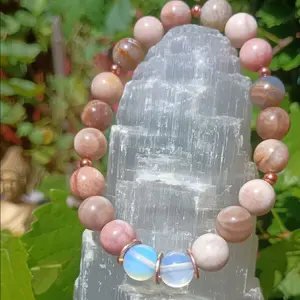 Intuition Sunstone White Opal 10mm Copper Healing Bracelet for Energy Balance and Wellness
