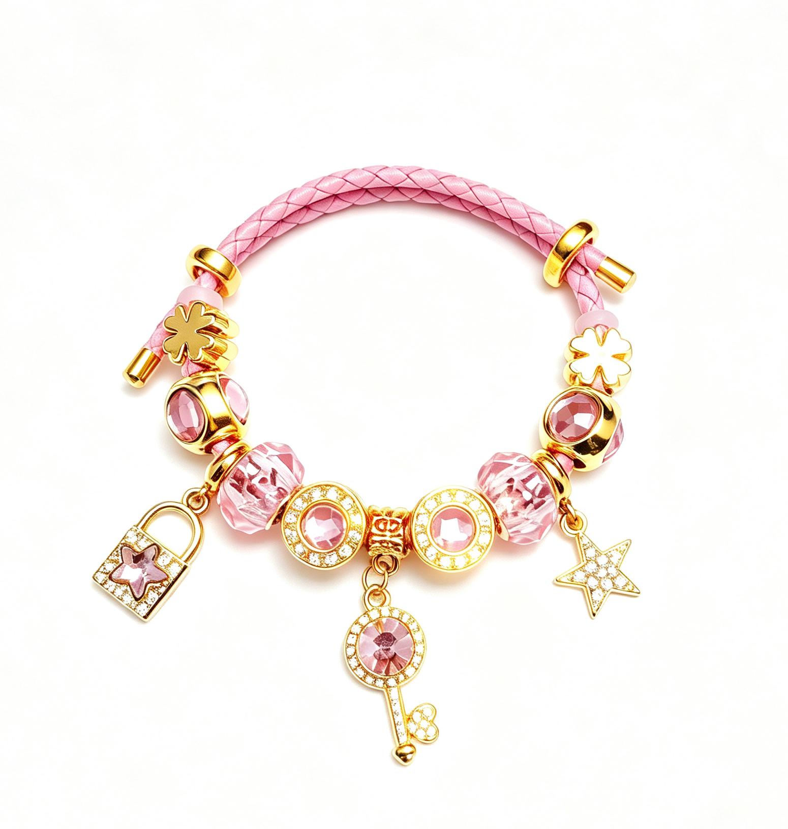 Women's Adjustable Pink Braided Leather Charm Bracelet - Sparkling Crystal, Gold Lock, Star Key, 4 Leaf Clover Beads Fashion Costume Jewelry Gift