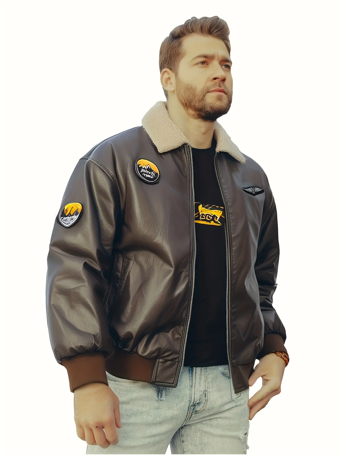 Men's label embroidered patch pu jacket with lapel zipper on college jacket, diagonal pocket long sleeve coat, men's everyday outdoors Puffa jacket