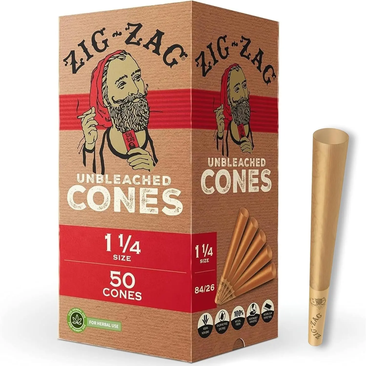 ZIG-ZAG Pre Rolled Cones 1 1/4 Size Unbleached (50 Pack) | Slow Burning, With Tips, Packing Tubes Included, Bulk Pack