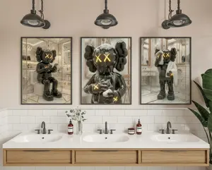KAWS Bathroom Wall Art Set of 3 | Black Hypebeast Shower Prints | Modern Luxury Washroom Decor
