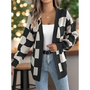 Women's Plaid Print Long Sleeve Cardigan Sweater, Casual Open Front Knitwear for Fall & Winter, Women's Knit Clothing for Daily Wear Can be used with raincoat