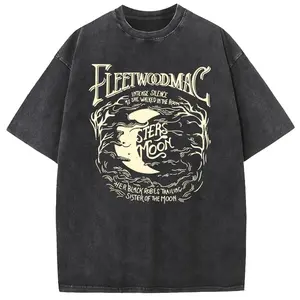 Holafish Acid Wash Vintage Moon Pattern Heavyweight Cotton Crewneck T-Shirt, Unisex Streetwear Graphic Tee for Men's and Women's Wear