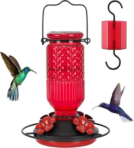 Glass Hummingbird Feeder, 16oz Outdoor Hanging Bird Feeder with Ant Moat, 4 Bee-Proof Feeding Ports, 360° Perch, Leak-Proof, Red