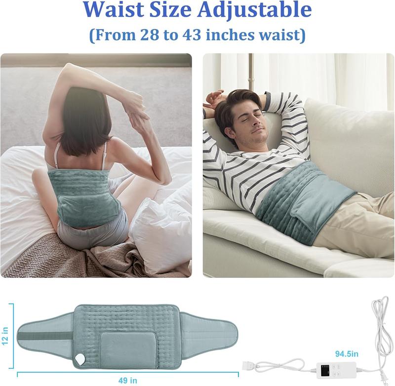 Heating Pad for Back Pain Relief Electric Heating Pad Wrap for Period Cramps Lower Back Neck Shoulders Pain Relief 6-Hour Auto Shut Off 12x24 Heated Pad + 20" Belt Adjustable 4 Timer 6 Heat Level