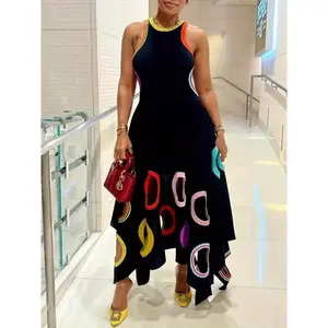 2026 New Women'S Elegant Geometric Print Ripped Hem Dress - Slim Fit Round Neck, Machine Washable, Versatile for Casual & Formal Occasions, Perfect for Round Body Types, Formal Attire, Stylish Layering Piece, Bold Fashion Statement