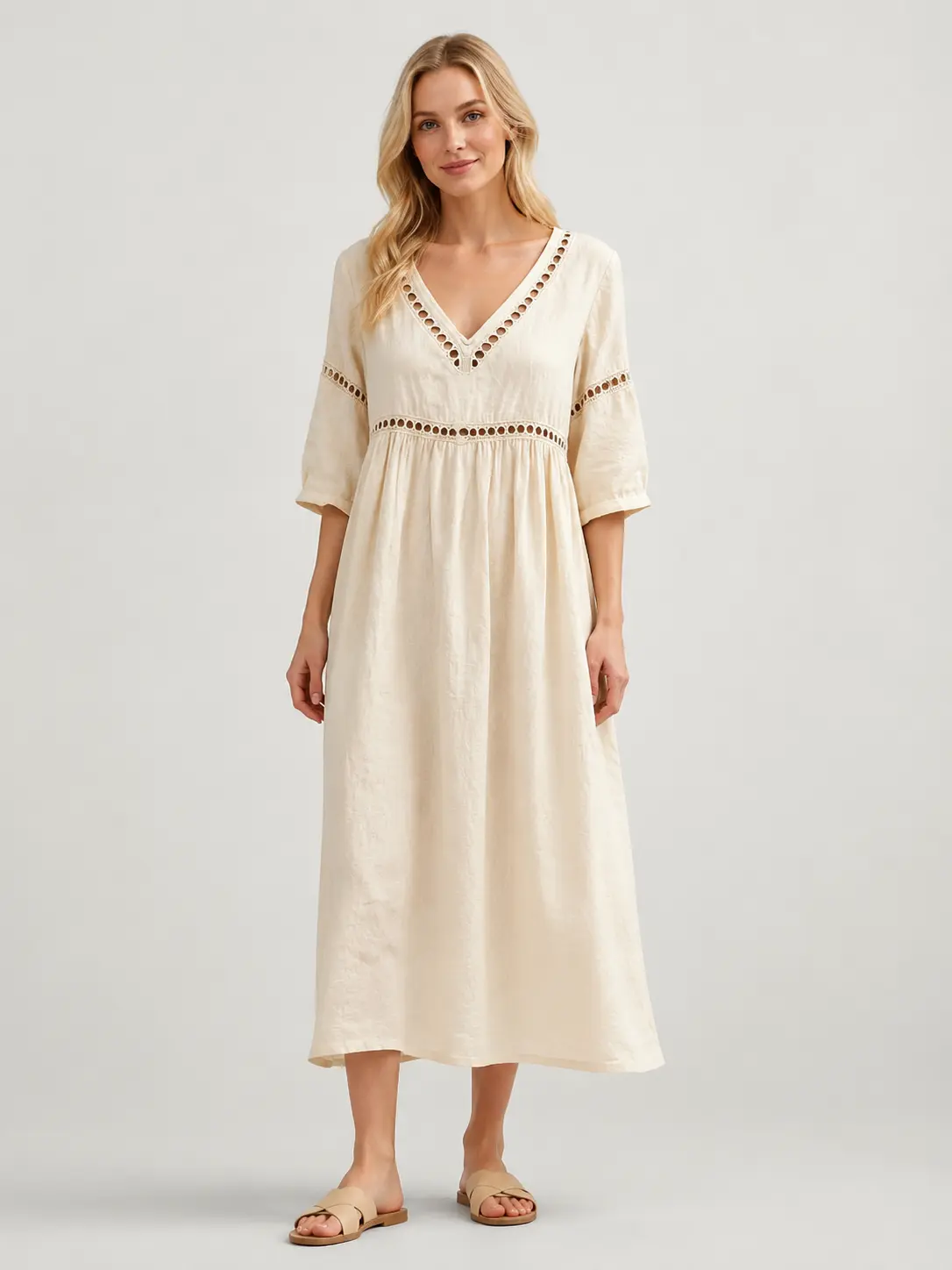 Women's Solid Color V Neck Half Sleeve Maxi Dress, Loose Fit Crochet Trim Beach Vacation Dress
