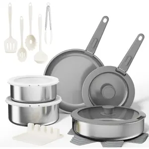 21- Pots and Pans Set, Ceramic Nonstick Cookware with Detachable Handles,  4-Layer Stainless Steel &  Core, Induction RV Kitchen Set, Dishwasher & Oven Safe, Gray