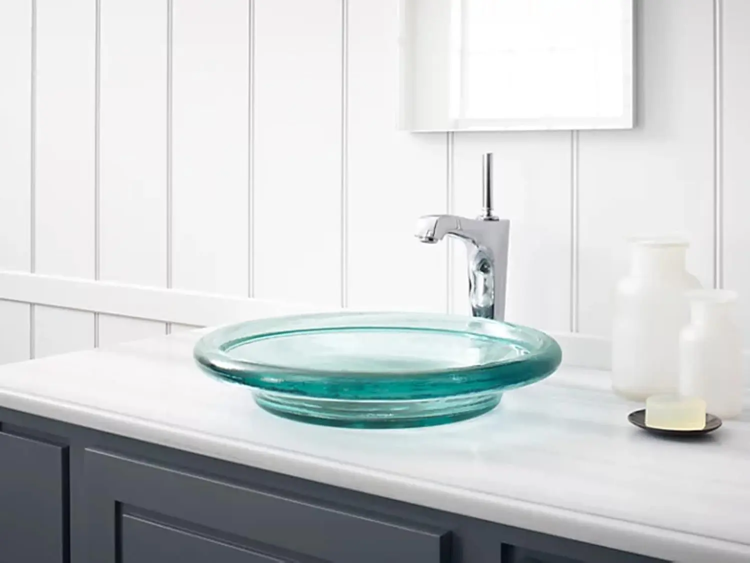 KOHLER K-2276-TG2 Spun Glass, ARTIST EDITIONS Oval Faceted Glass Bathroom Vessel Sink, Translucent Dew