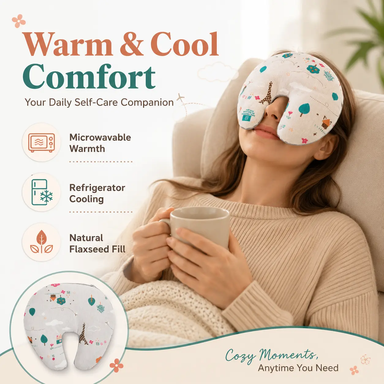 Microwavable Facial Heating Pad, U Shaped Warm & Cold Compress Mask with Natural Flaxseed Filling, Soft Washable Cover for Relaxation and Daily Self Care