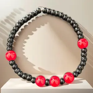 Bold Black & Red Beaded Statement Bracelet – Glossy Hematite Finish