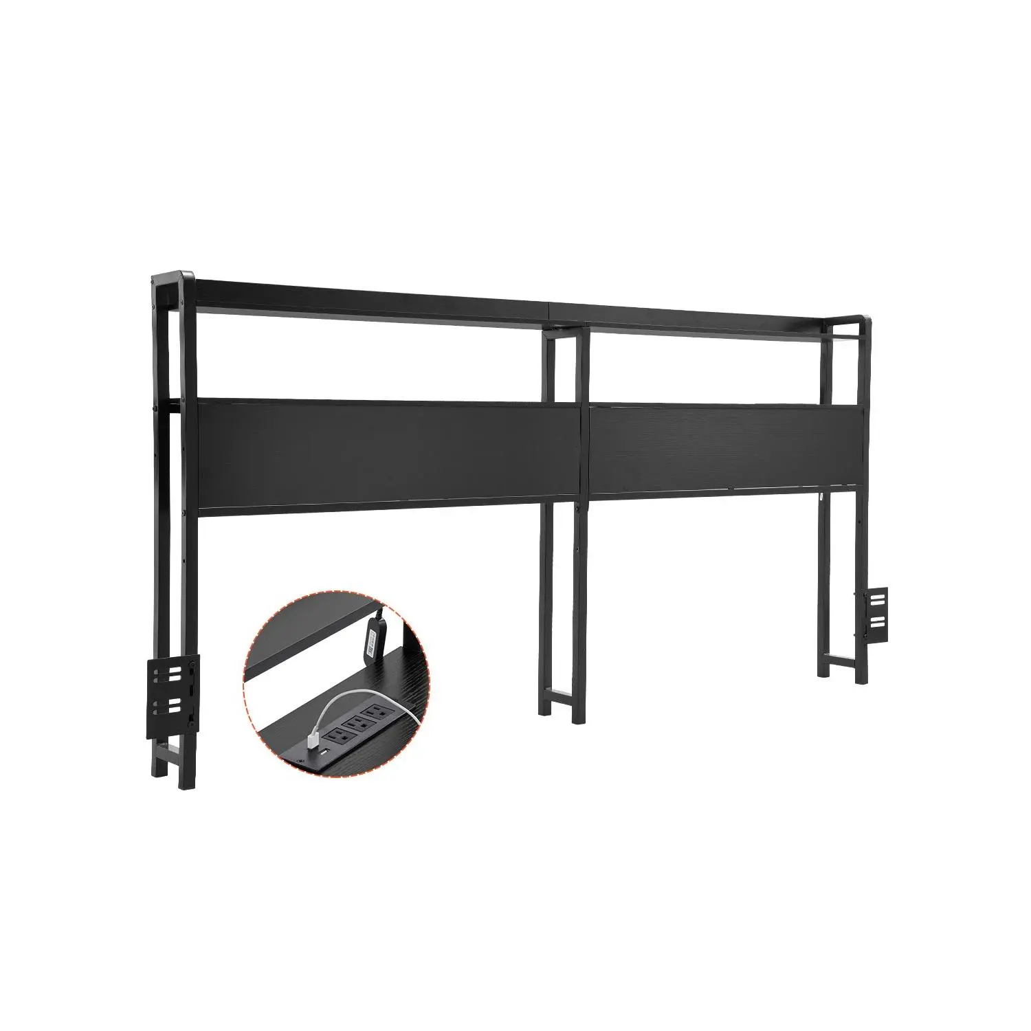 VEVOR Metal Queen-Size Bedroom Headboard, Adjustable Height with 2 Open Storage Shelves, Anti-Tip Freestanding Headboard with Charging Station & LED Light, Assembly Required for Different Bed Frames, Black