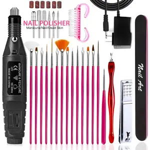 US plug electric nail drill set includes 16 nail brushes, 1 nail file, 6 drill bits, and 1 nail clipper; suitable for crystal gel nails; available in multiple colors