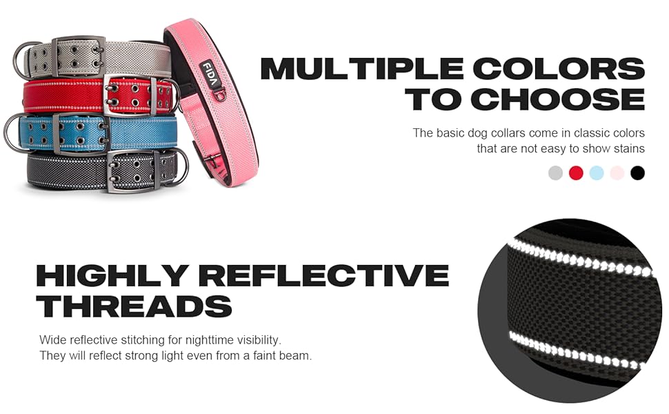 Fida Heavy Duty Dog Collar, Ultra Comfortable Soft Neoprene Padded, Adjustable Reflective Nylon Pet Collar with Durable Metal Belt Buckle