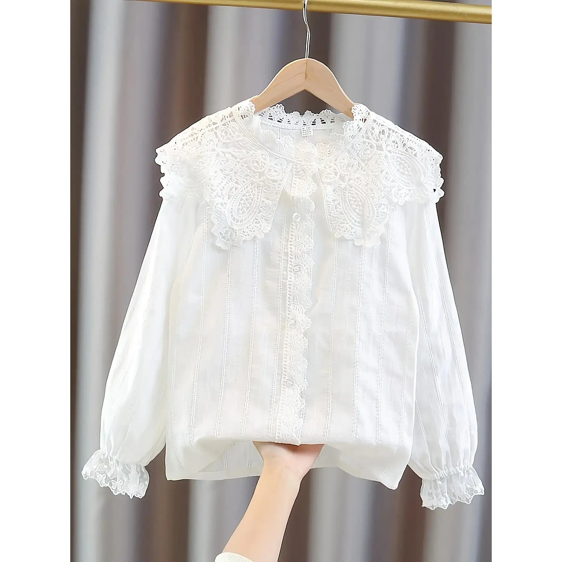 Girls' Vintage-Inspired White Lace Trim Long Sleeve Blouse Button-Front Collar Non-Stretch Fall Casual Dressy Top Girls