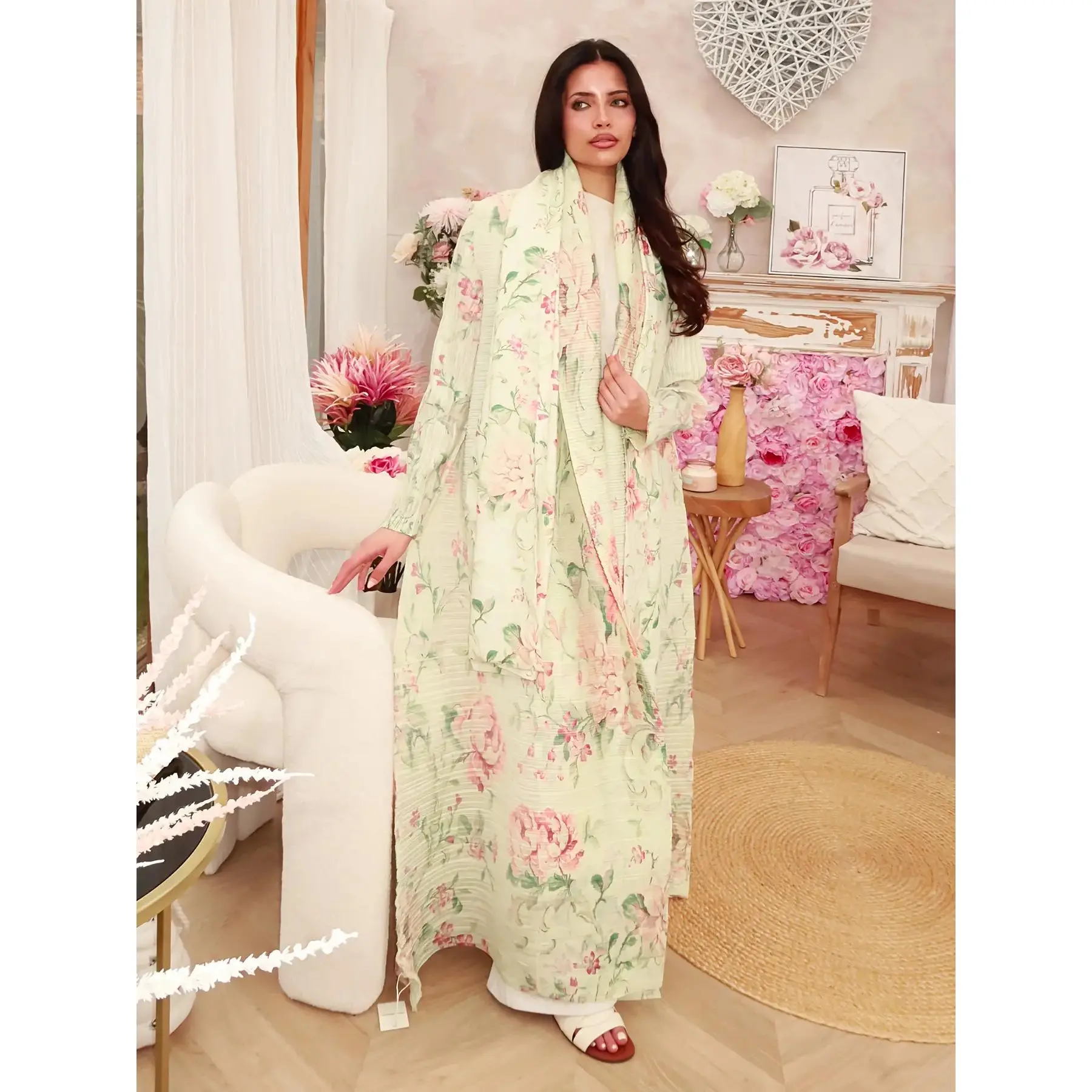 Women's Floral Print Abaya with Pleated Long Sleeves, Saudi Style Open Front Polyester Cardigan Robe, Saudi Arabian Style
